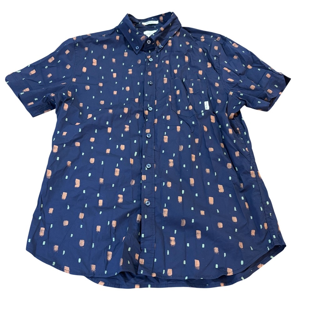 Ben Sherman Mens Stretch Fit Short Sleeve Button Down Shirt‎ Navy Blue Pattern L